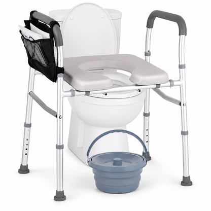 Adjustable bedside commode chair with collapsible bucket and height settings