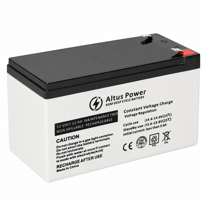 An Altus Power 12V 12Ah maintenance-free AGM deep cycle rechargeable battery.