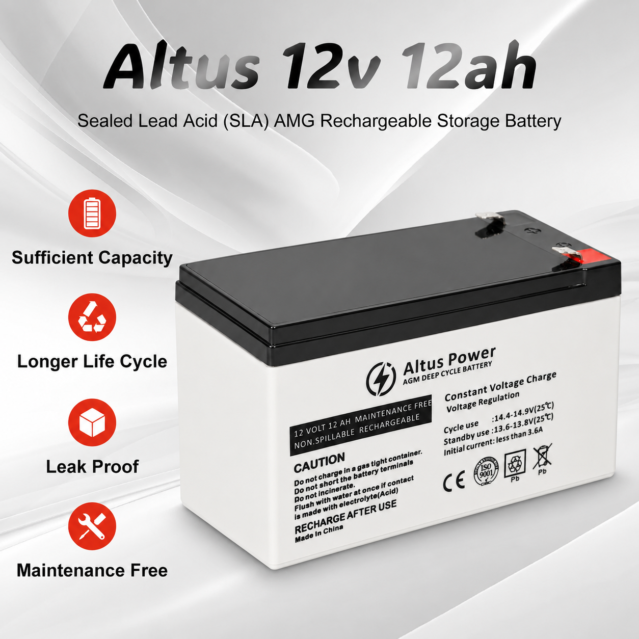 A promotional infographic displaying the key features of the Altus 12V 12Ah AGM battery, such as its sufficient capacity, longer life cycle, and leak-proof design.