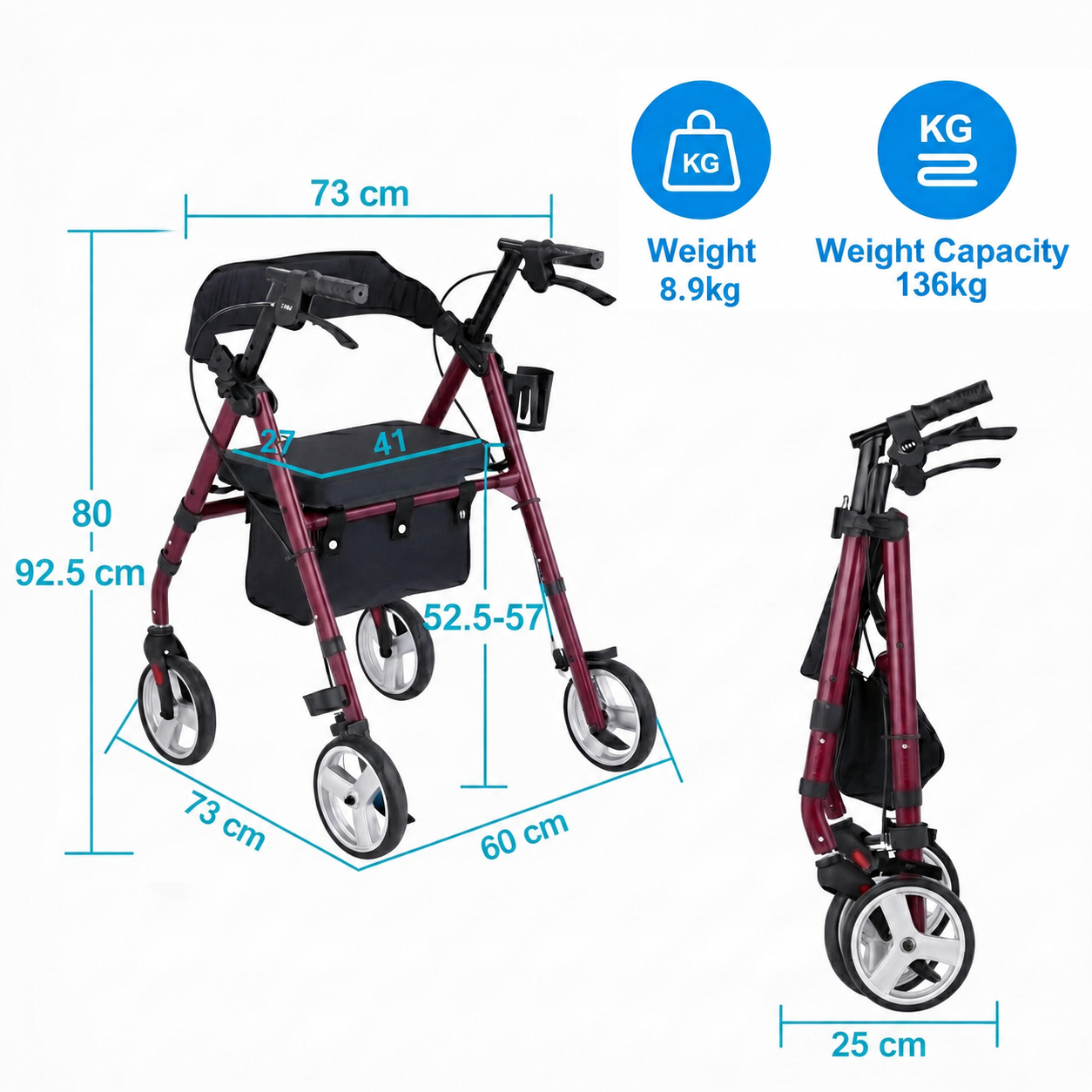 Measurement chart of a red and black walker with dimensions and weight capacity displayed.
