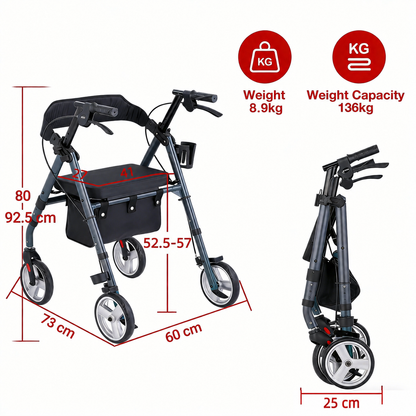 Foldable rollator with measurements and weight capacity details on a white background