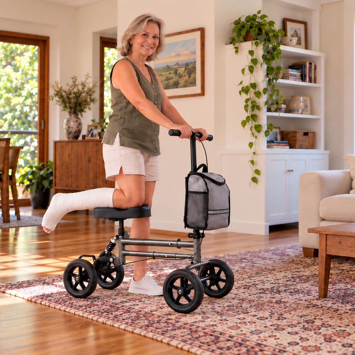 Altus Knee Scooter for elderly or adult women, shown in indoor use on a footpath, ideal for post-surgery recovery
