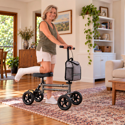 Altus Knee Scooter for elderly or adult women, shown in indoor use on a footpath, ideal for post-surgery recovery