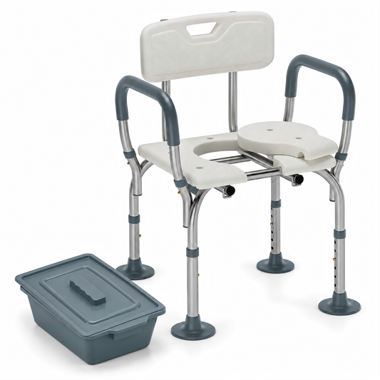 Medical shower chair with seat and backrest on a white background