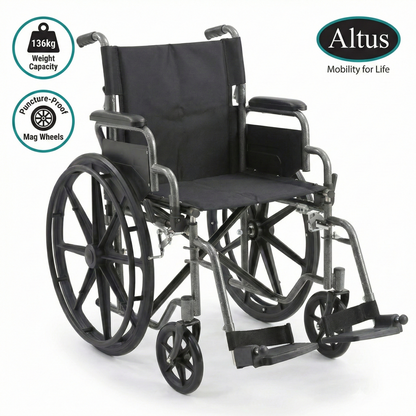 Black wheelchair with Altus branding on a white background