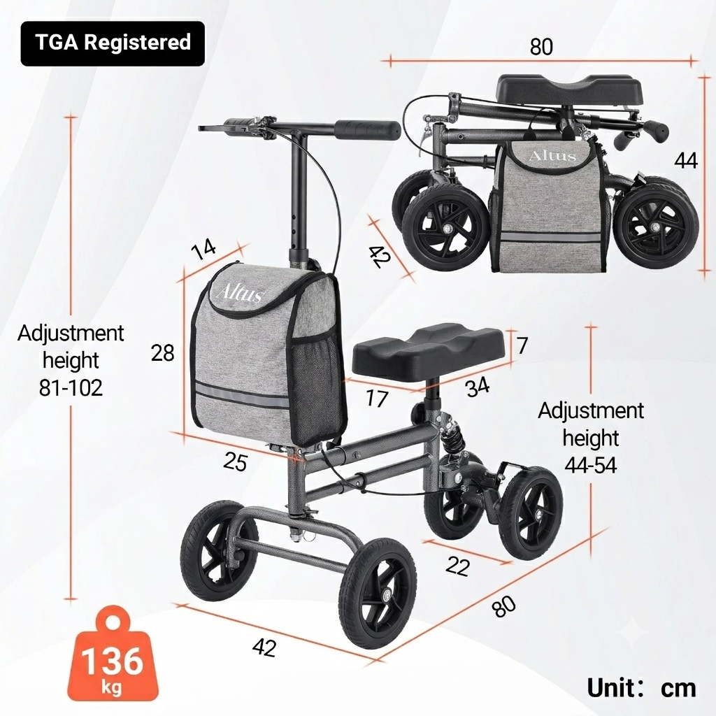 Knee walker with dimensions and weight capacity on a white background