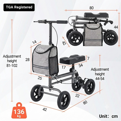 Knee walker with dimensions and weight capacity on a white background