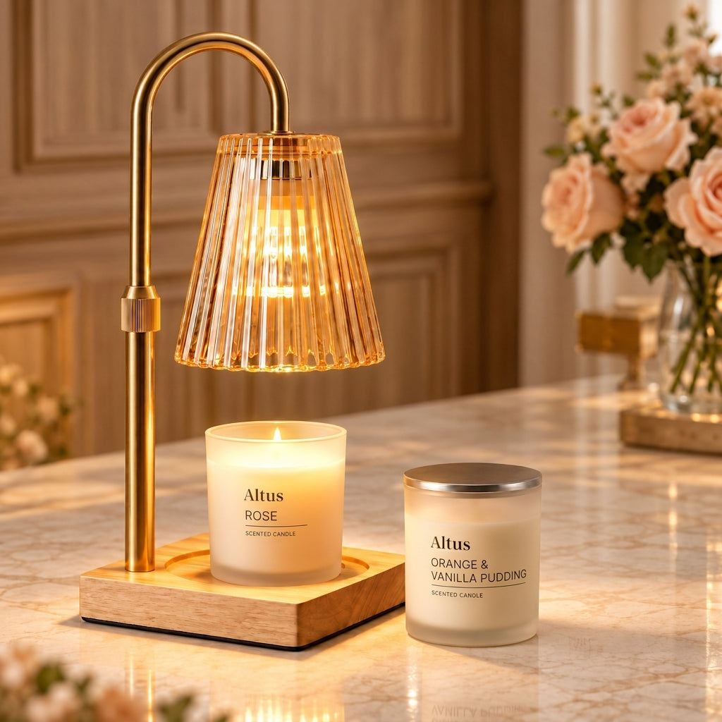 Altus home fragrance collection featuring a brass table lamp with a ribbed glass shade and a wooden base, alongside two scented candles in glass jars and their white packaging boxes. The candles are labeled 'Altus ROSE' and 'Altus ORANGE & VANILLA PUDDING'.