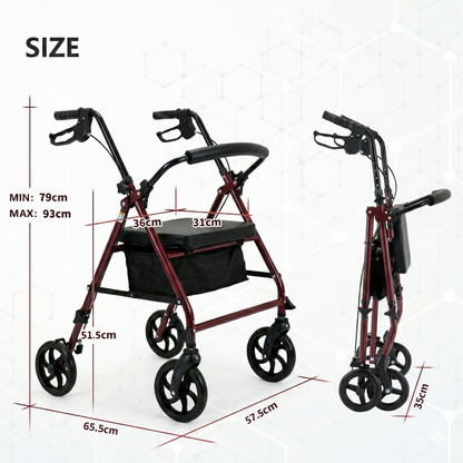 Altus Essential Compact Rollator Walker with Seat 4 Wheels Mobility Aid Red