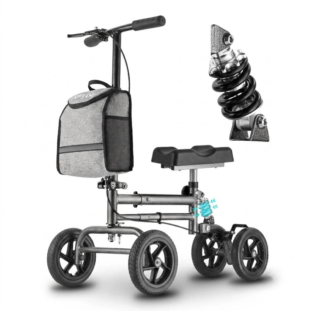 A compact knee scooter with a seat, four wheels, and a storage bag, shown alongside an inset of a spring suspension upgrade on a white background.