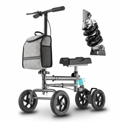 A compact knee scooter with a seat, four wheels, and a storage bag, shown alongside an inset of a spring suspension upgrade on a white background.