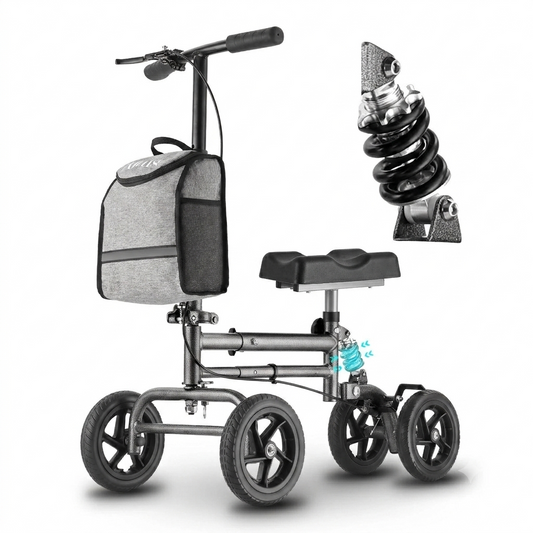 A compact knee scooter with a seat, four wheels, and a storage bag, shown alongside an inset of a spring suspension upgrade on a white background.