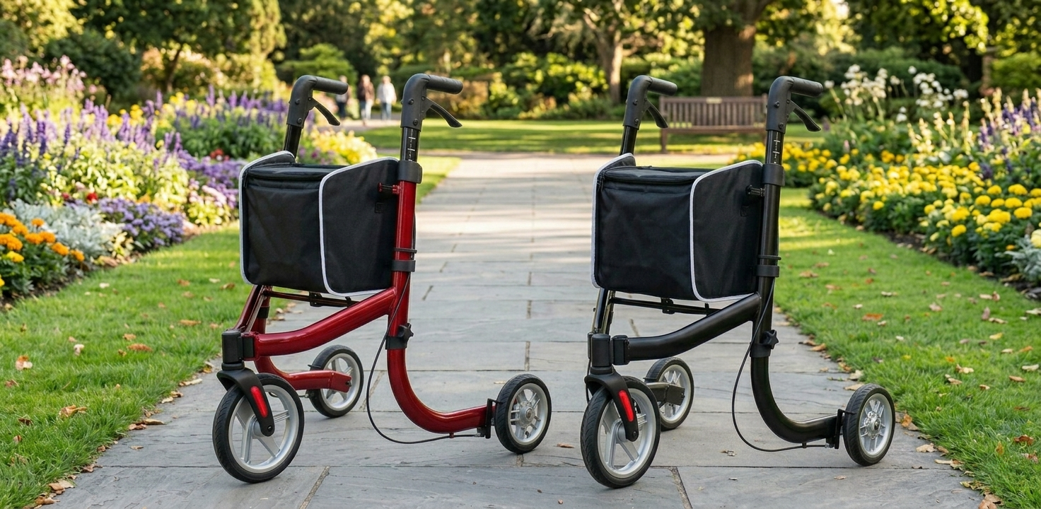 Two walkers on a paved path in a park with flowers and trees.