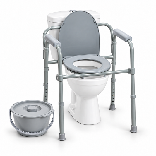 Gray commode chair with adjustable arms on a white background