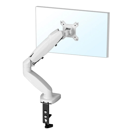 The image shows a white adjustable monitor arm with a clamp mount. The arm is attached to a flat surface, likely a desk, and supports a monitor. The arm has multiple joints, allowing for flexible positioning of the monitor. The monitor is attached to the arm using a VESA mount, which is a standard mounting interface for monitors and TVs. This setup is interesting and relevant for improving ergonomics and saving desk space in a workspace.