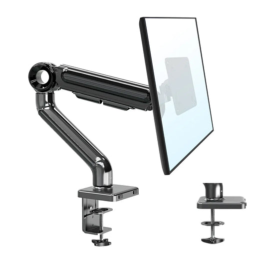 Monitor Arm Mount: Adjustable metallic monitor arm with VESA mount, clamped to desk edge, improving ergonomics and saving space.