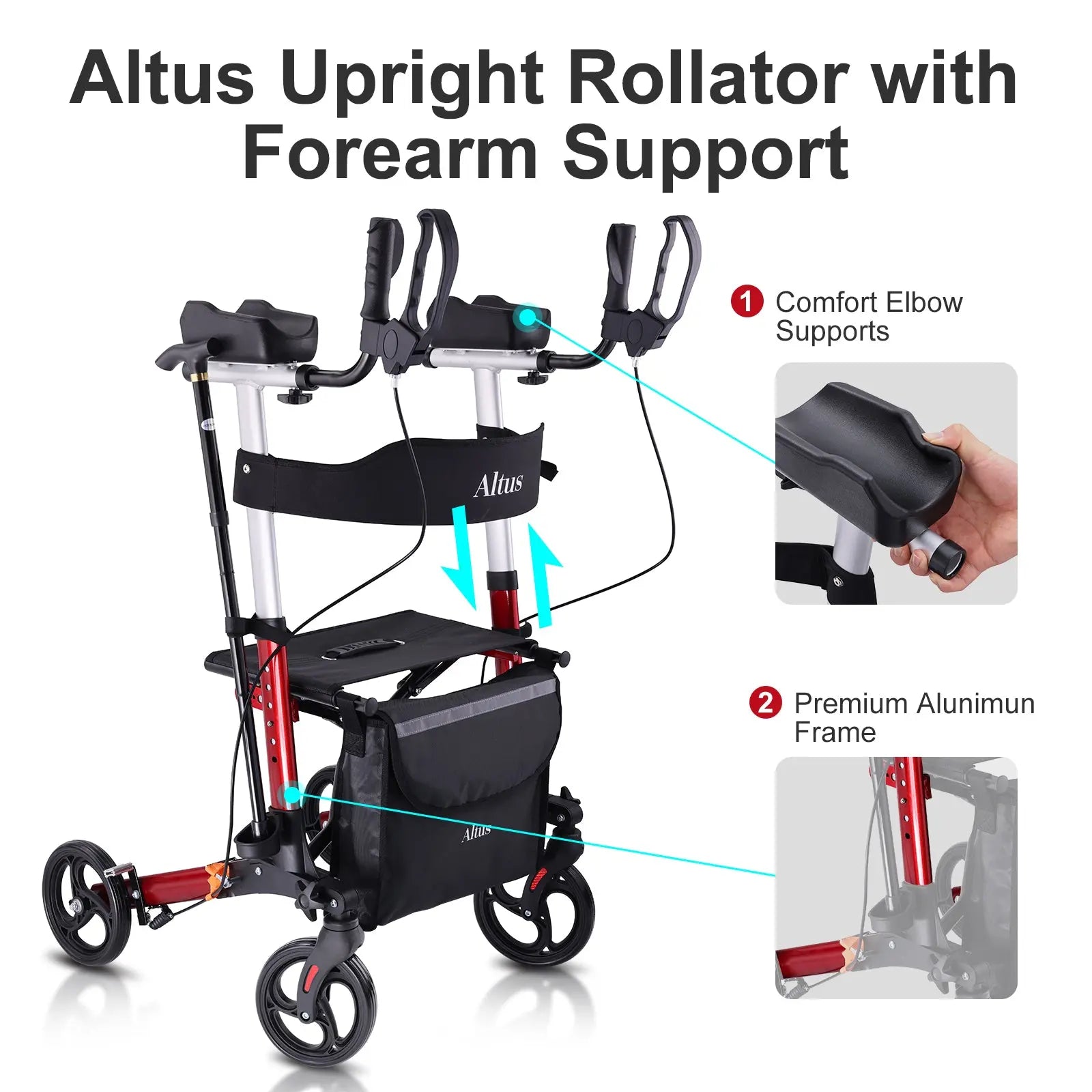 Rollator highlighting premium aluminum frame and comfort supports.