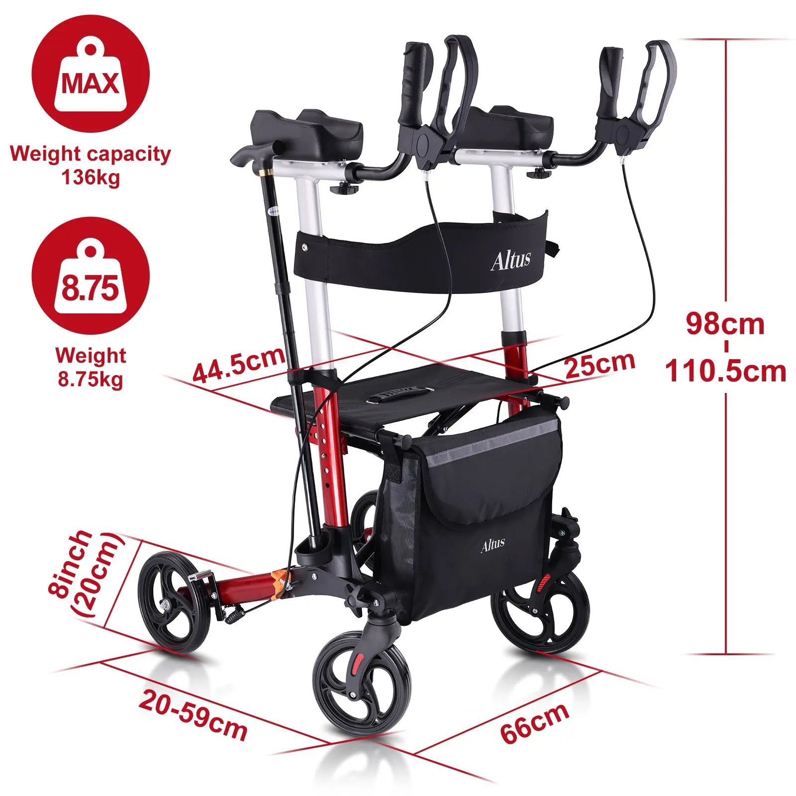 Rollator's safety features with fingertip braking system.