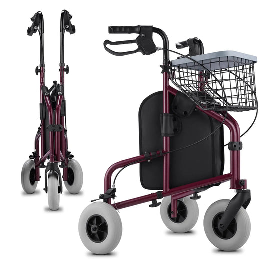 A red folding rollator walker with a black seat, shown from a front and side angle.