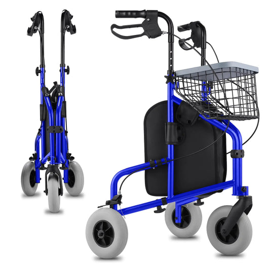 A blue folding rollator walker with a black seat, shown from a front and side angle.