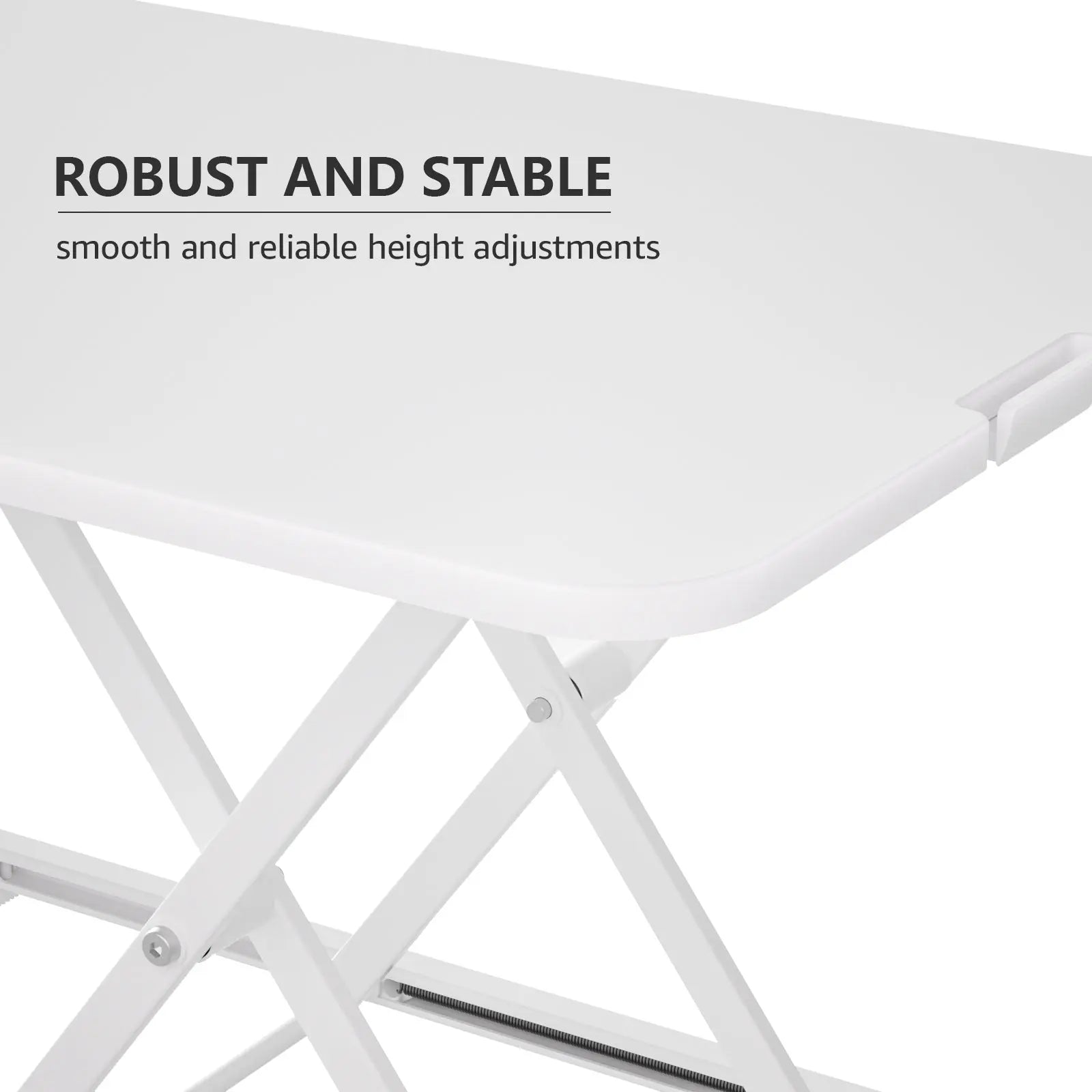 This image highlights the robust and stable design of the Altus Deluxe Tilt-Top Mobile Desk. It features a close-up view of the desk’s frame and surface, emphasizing the smooth and reliable height adjustment mechanism. The sturdy construction ensures the desk remains stable during use, providing a dependable workspace for various activities. The clean and modern design makes it suitable for both professional and home office settings, enhancing user comfort and productivity.