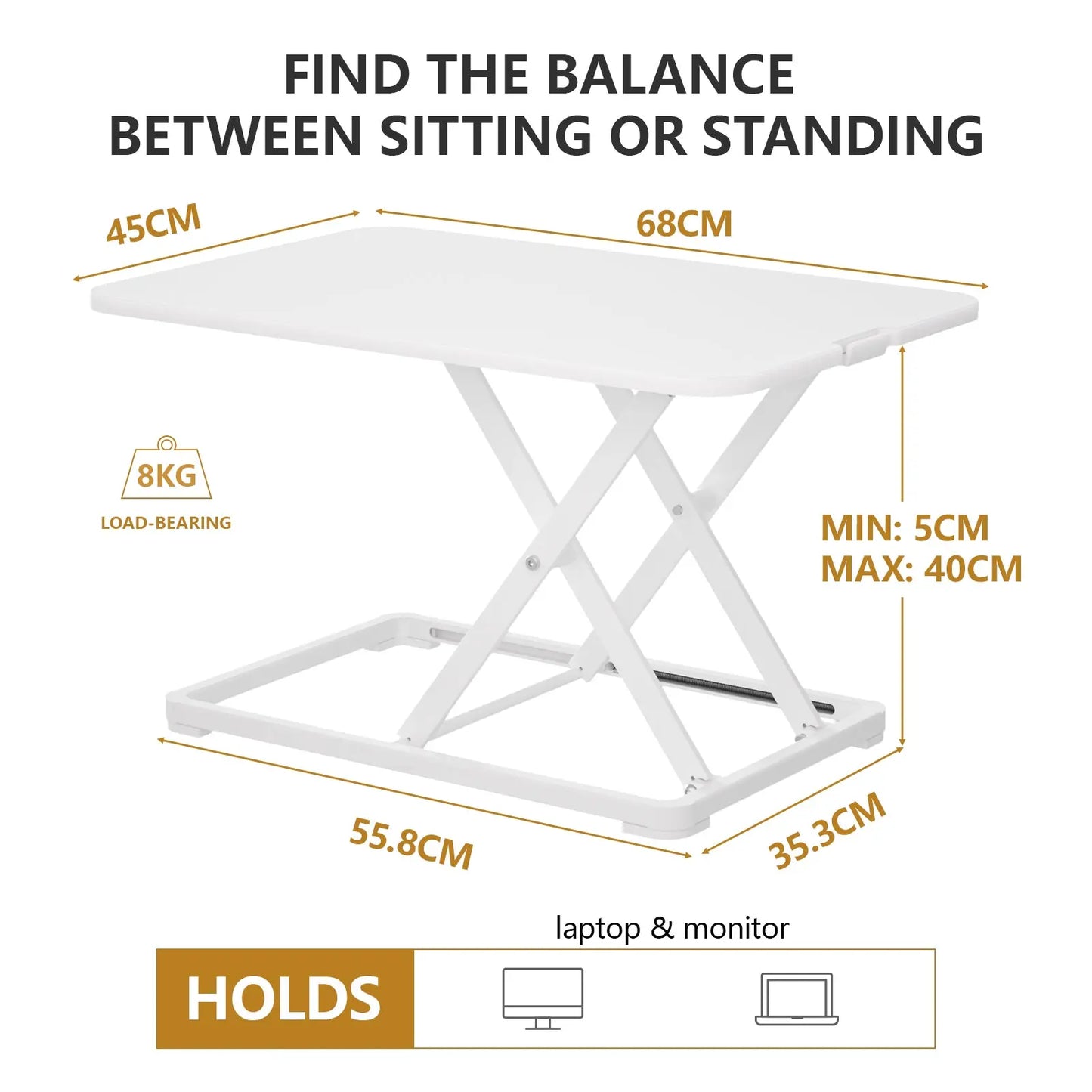 An informational diagram illustrating the white standing desk's height adjustment capability, showing a range from 5 cm to 40 cm.