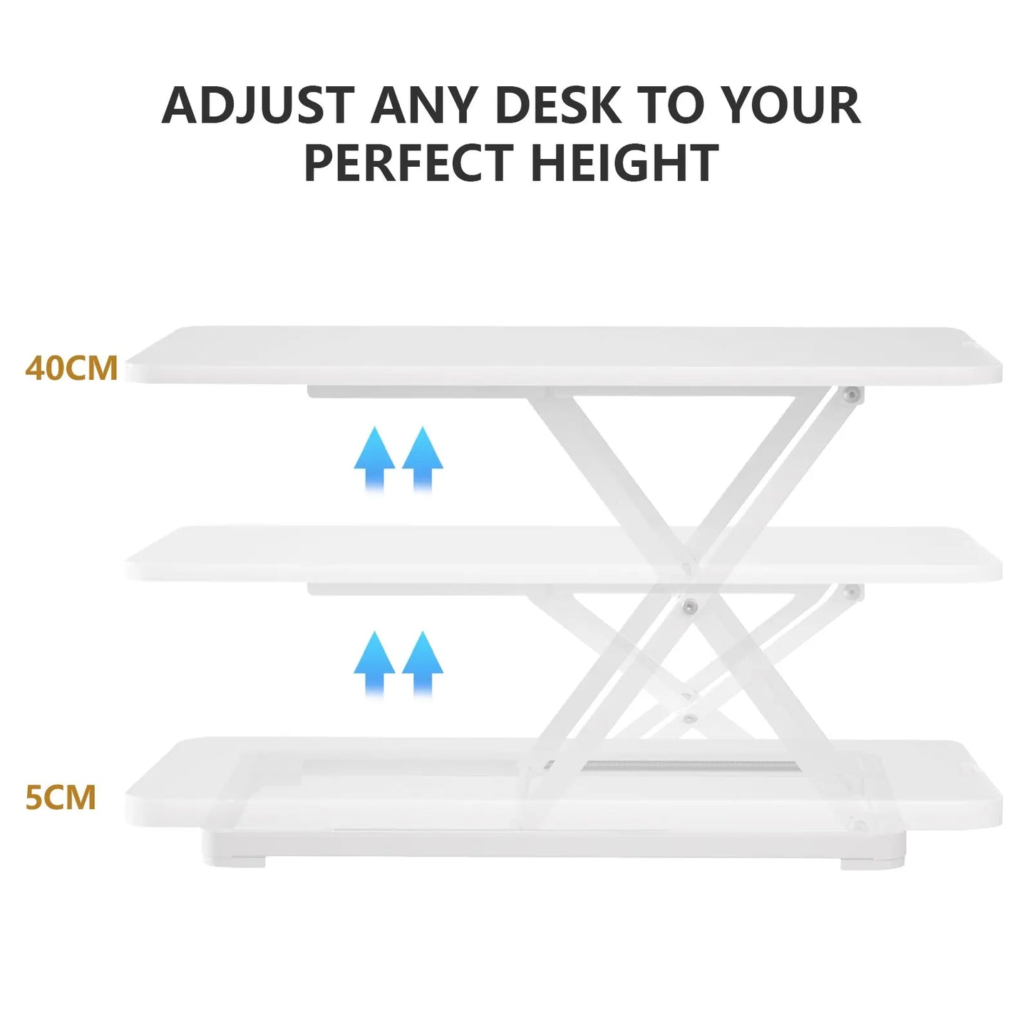 An informational diagram illustrating the white standing desk's height adjustment capability, showing a range from 5 cm to 40 cm.