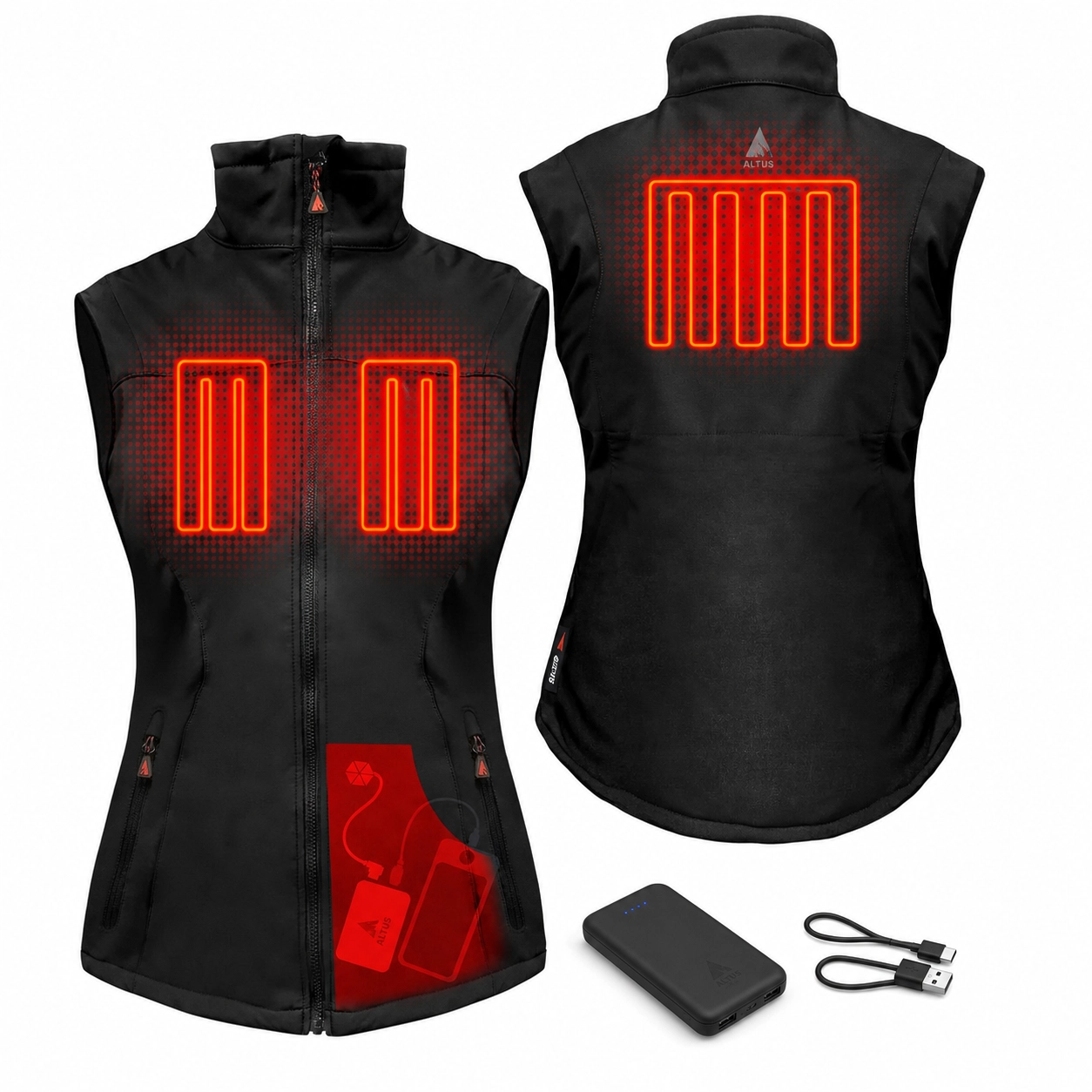 Black heated vest with visible heating elements and a power bank on a white background
