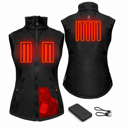 Black heated vest with visible heating elements and a power bank on a white background