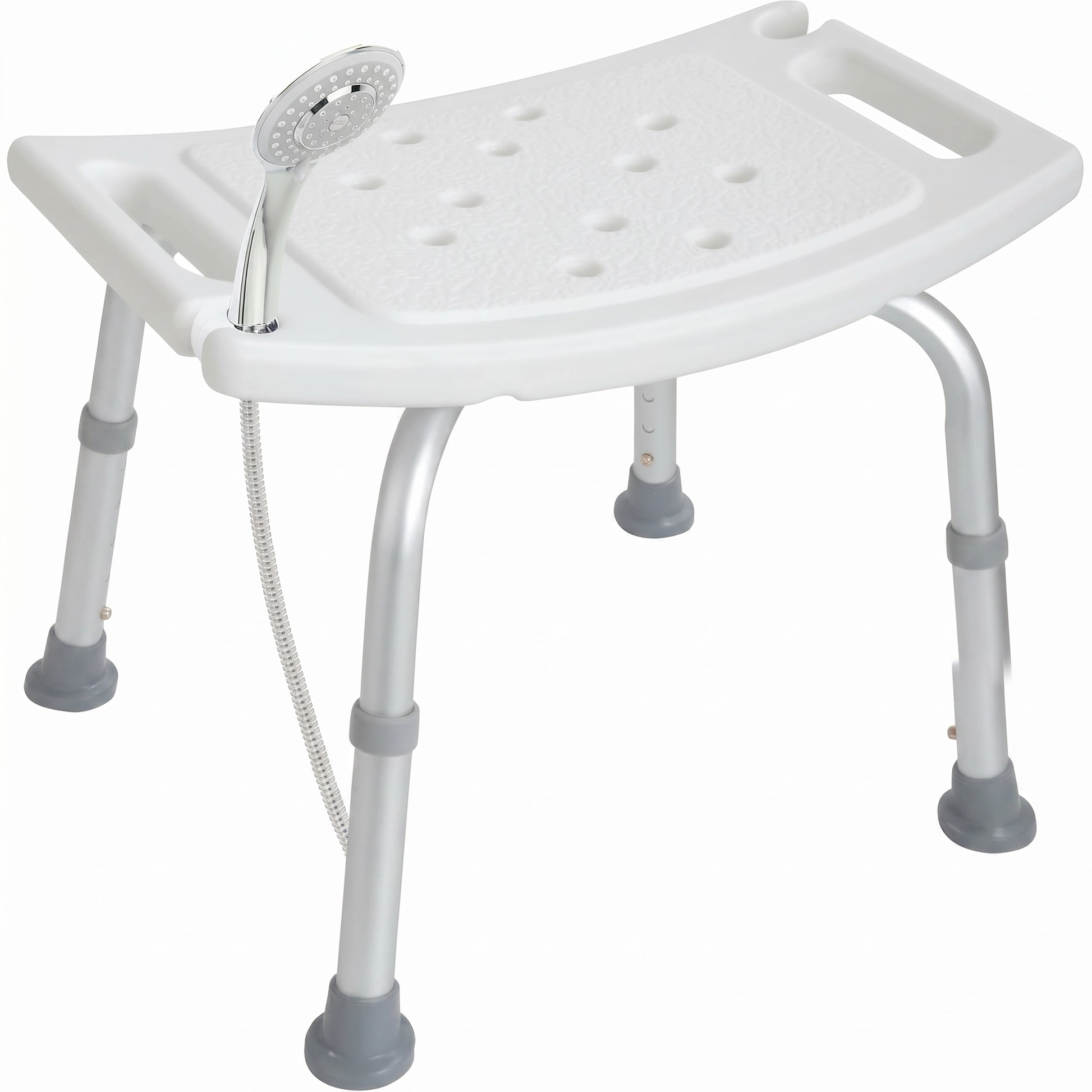 White adjustable shower bench with gray feet on a white background