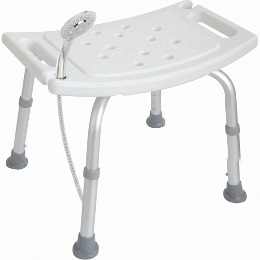 White adjustable shower bench with gray feet on a white background