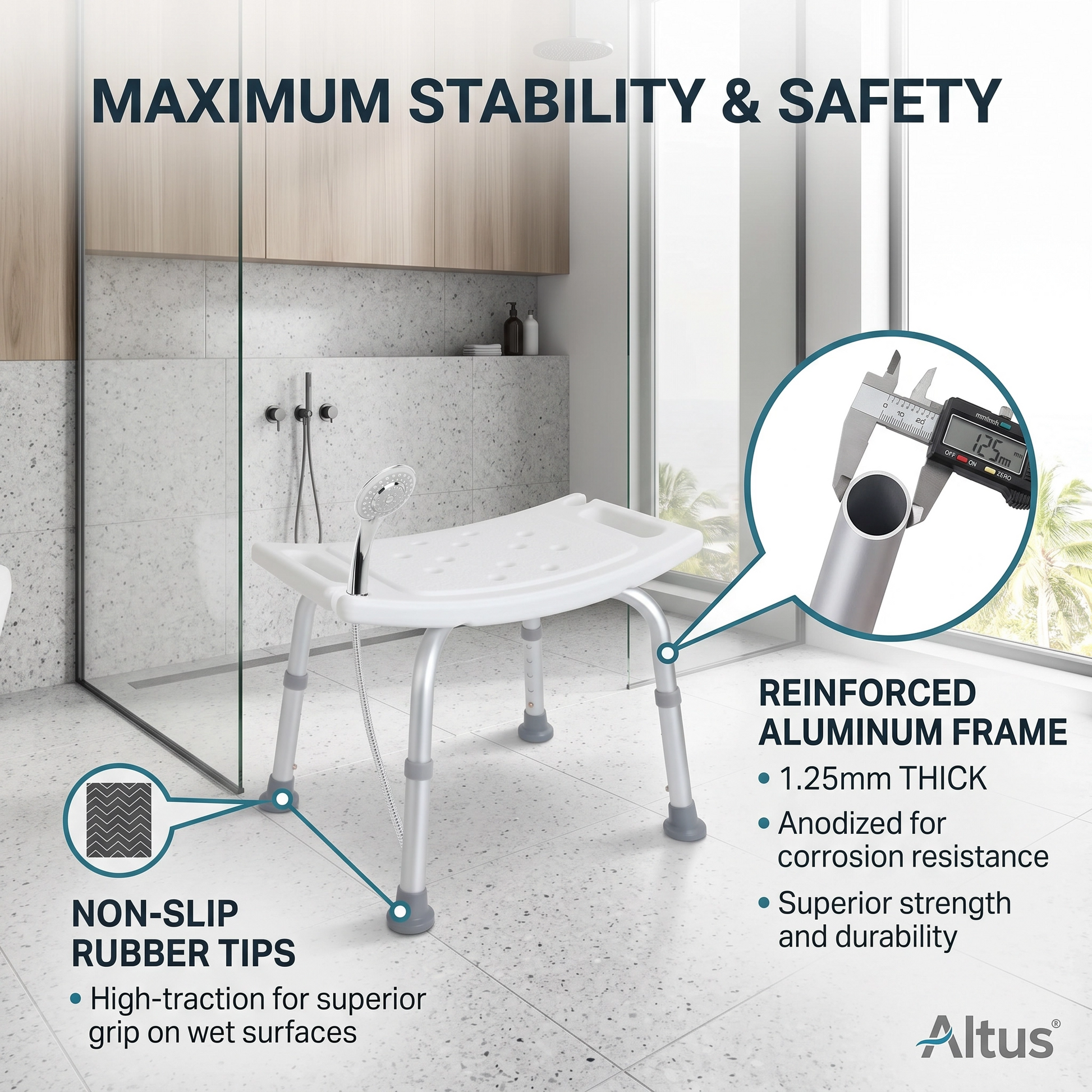 Bath chair with features highlighted for stability and safety in a bathroom setting, featuring the Altus brand.