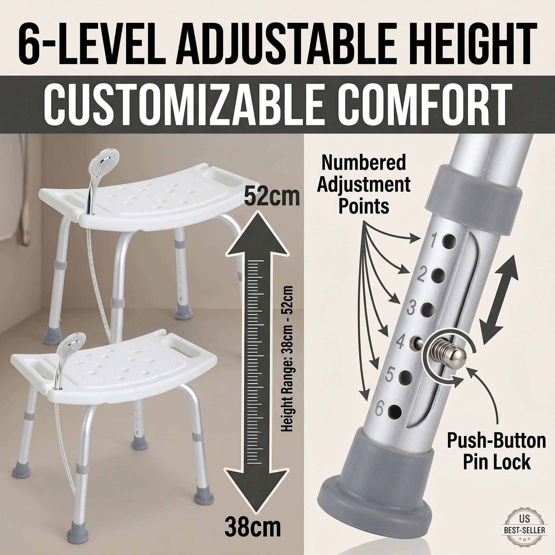 Adjustable height shower seat with customizable comfort features and push-button pin lock mechanism.