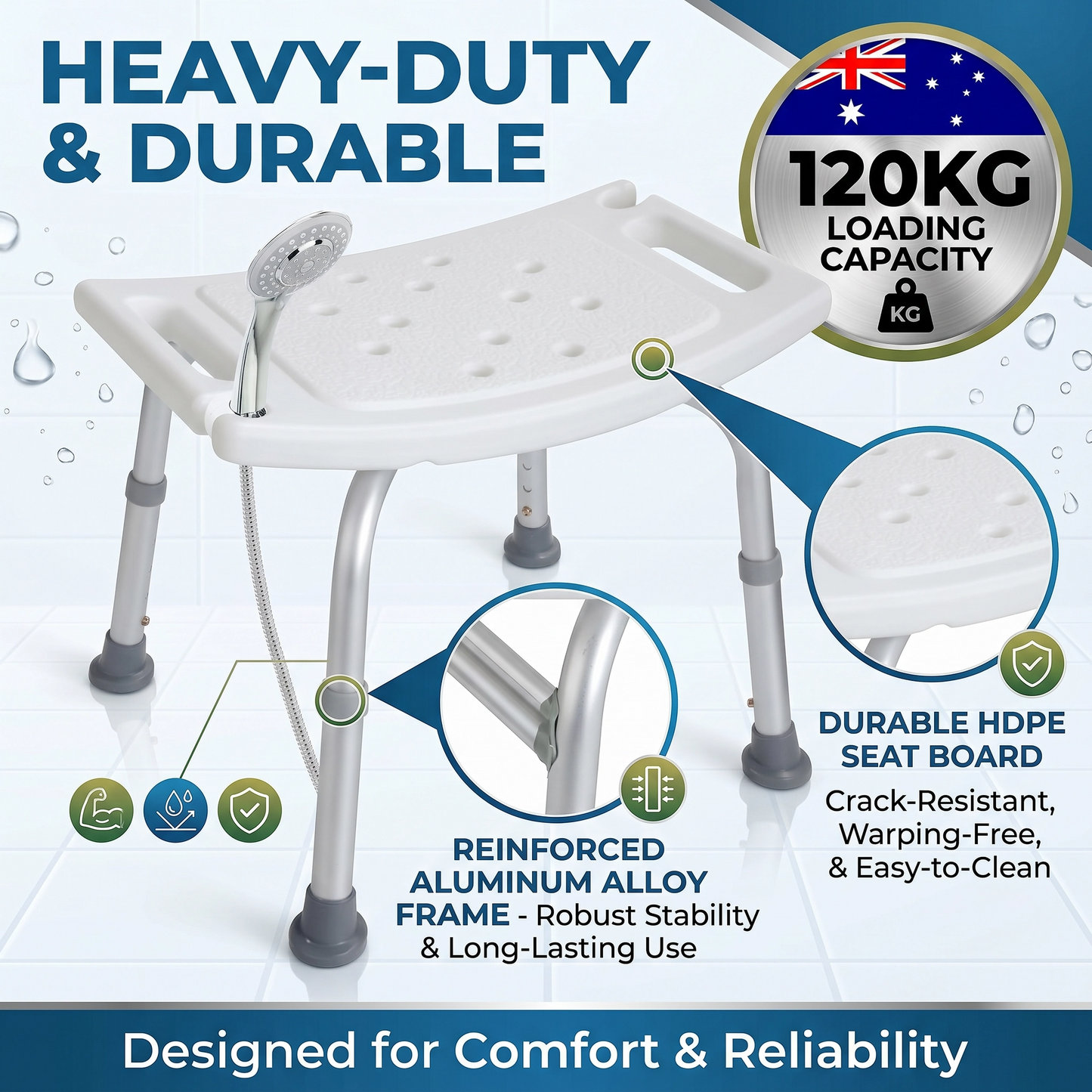 Heavy-duty shower seat with features highlighted on a blue background