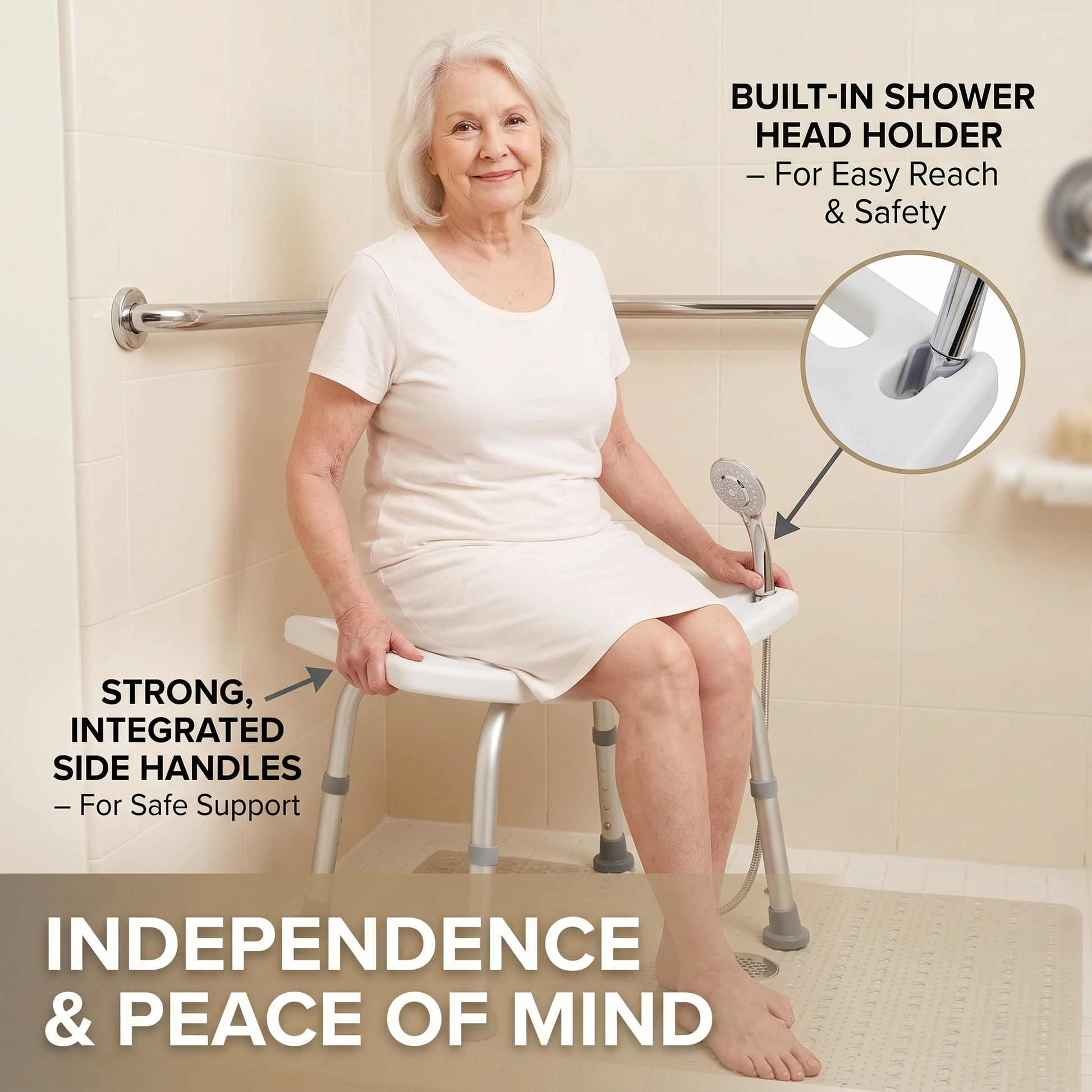 Woman using the altus shower chair with text highlighting features and benefits