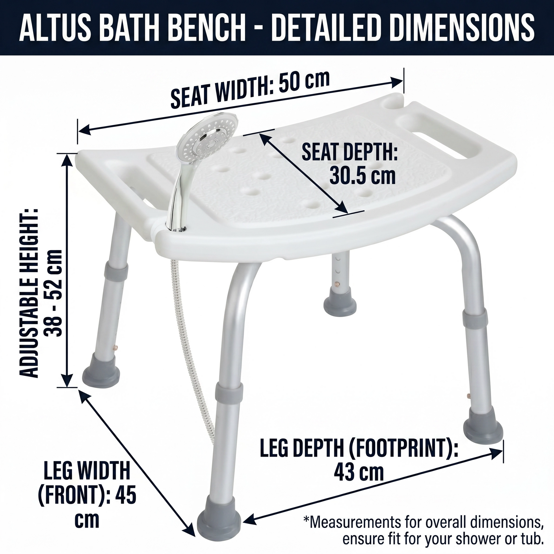 Detailed dimensions of an Altus bath bench on a white background