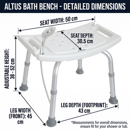 Detailed dimensions of an Altus bath bench on a white background