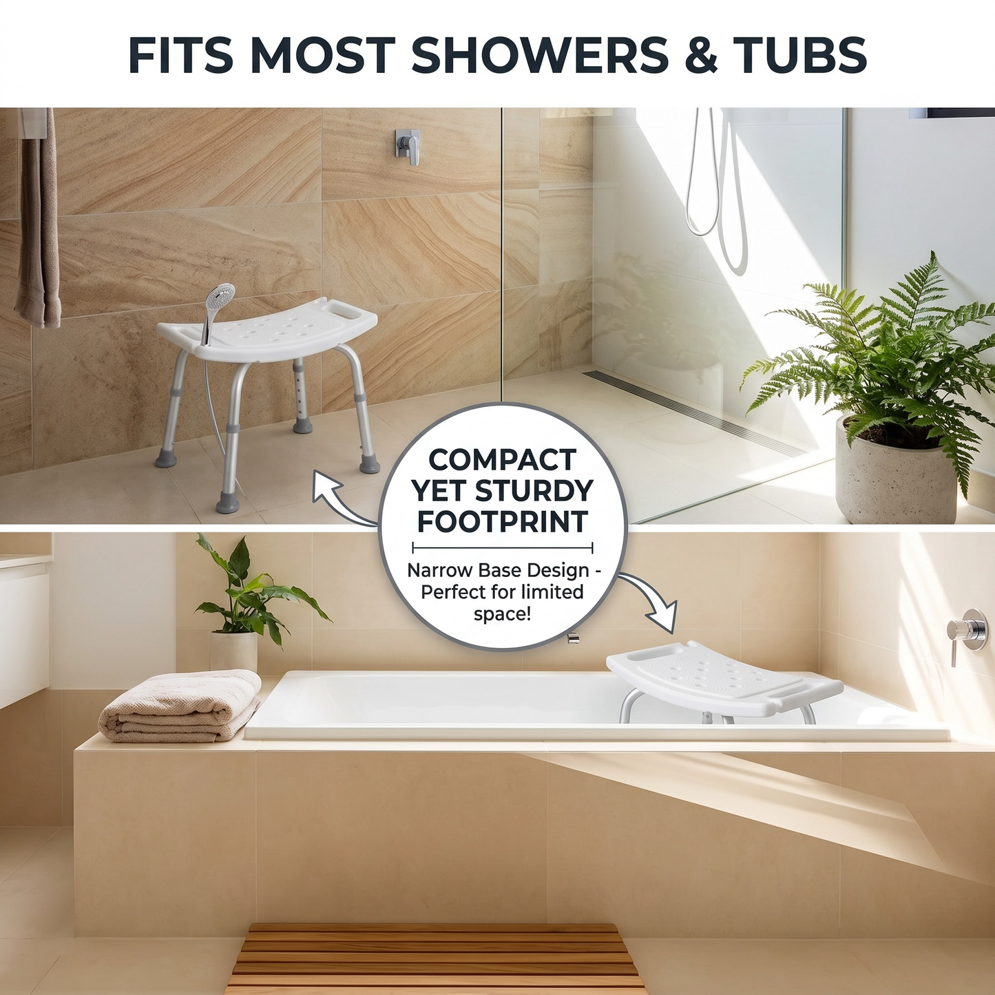 Bath bench in a bathroom setting with text highlighting its compact design.