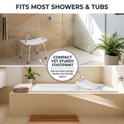 Bath bench in a bathroom setting with text highlighting its compact design.