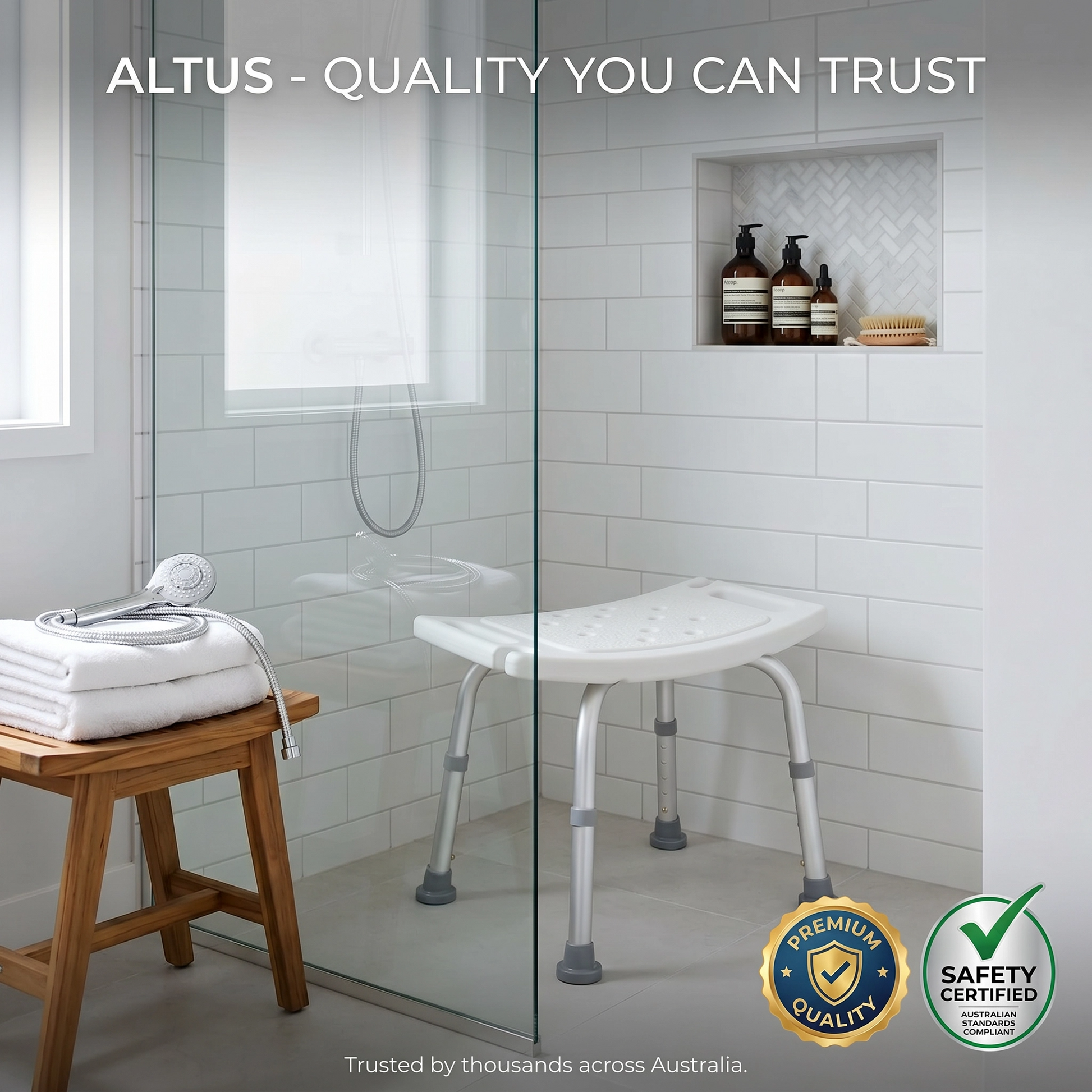 Bathroom with a shower bench, wooden stool, and towels, featuring the Altus brand.