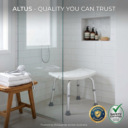 Bathroom with a shower bench, wooden stool, and towels, featuring the Altus brand.