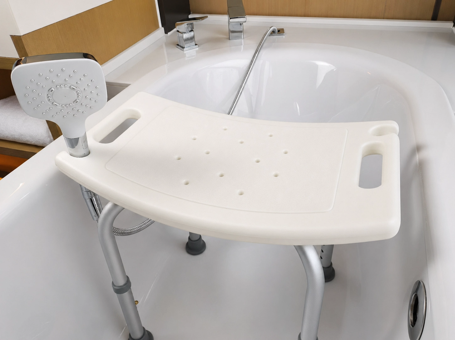 Altus White shower seat with metal frame inside a bathtub