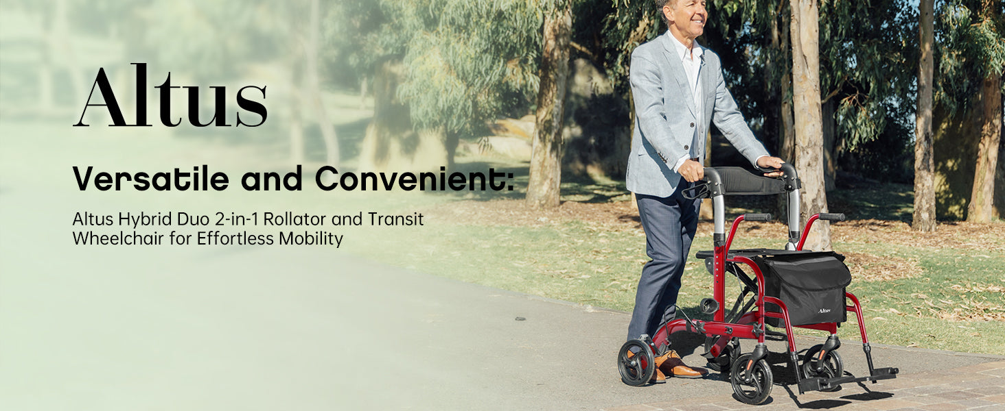 Man using a red Altus hybrid rollator and wheelchair on a path with trees in the background