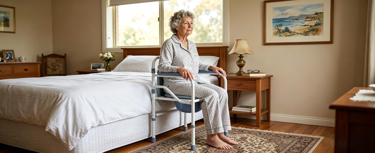 Woman sitting in a chair by a bed in a bedroom with a lamp and window in the background.