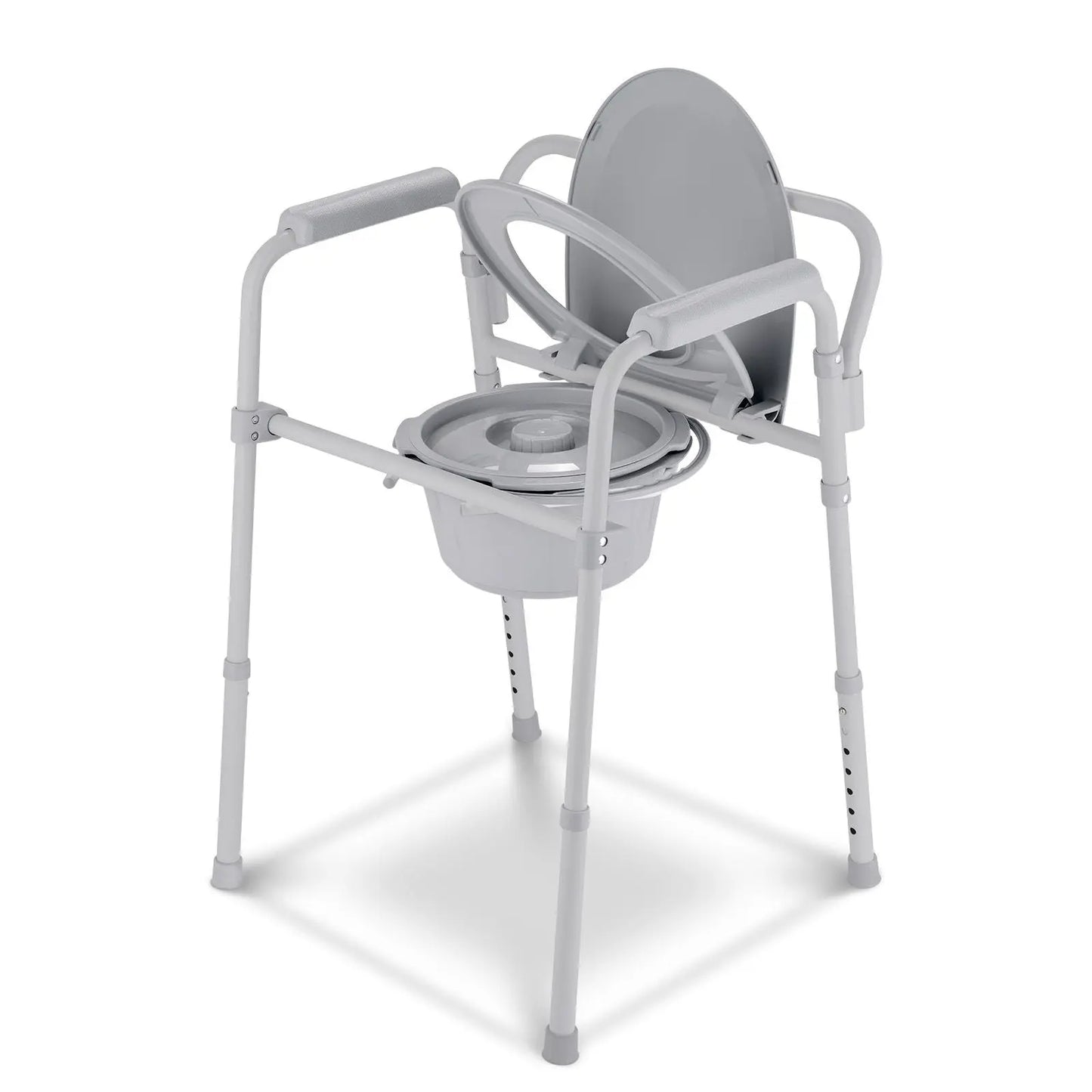 Open Lid View of Commode Chair: Shows the commode chair with its lid open, displaying the seat and bucket underneath, against a white backdrop.