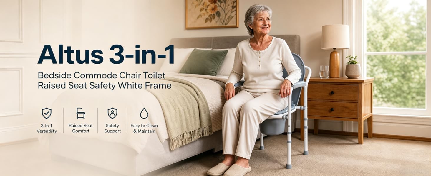 Woman sitting on a bedside commode chair in a bedroom with 'Altus 3-in-1' branding.