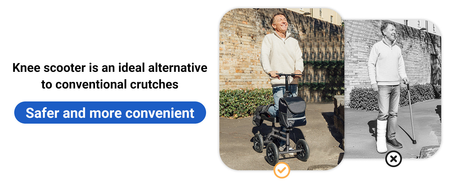 Person using a knee scooter with text highlighting its benefits