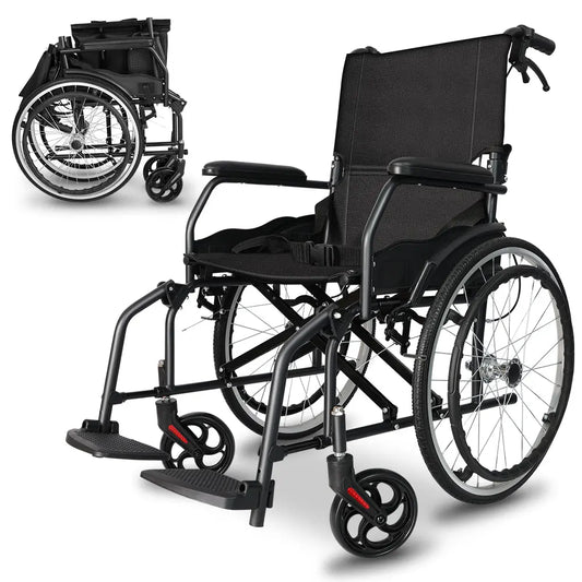 Lightweight manual wheelchair with a focus on the frame and wheels.