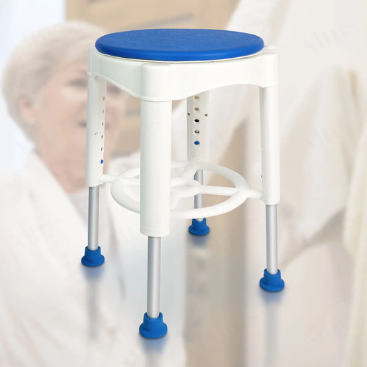 A close-up image of the shower stool featuring a blue seat and white frame. The stool has adjustable legs with non-slip rubber feet, designed to provide stability and comfort in the shower or bathroom.