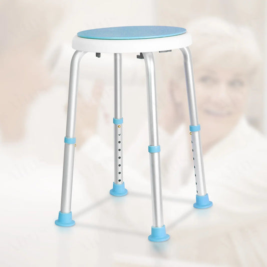 Image 1: Adjustable bathroom stool with blue cushion and white frame, showcasing varying heights and rubber anti-slip feet.